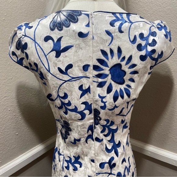 Chinese Qipao Cheongsam Floral Sequin Midi Dress Blue White Size Medium - Picture 8 of 10